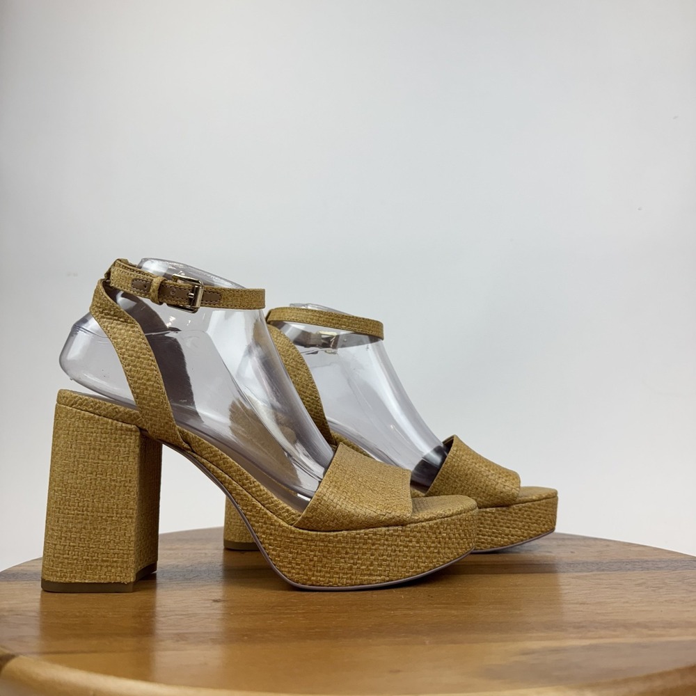 New NWOB Womens Nordstrom Rack Ansel Tan Raffia Platform Heels Sandals Size 9 M